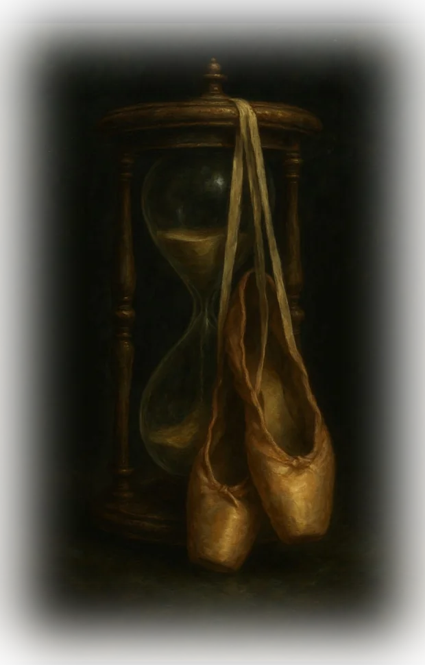 The Timedance Chronicles emblem: ballet pointe shoes hanging from an hourglass.